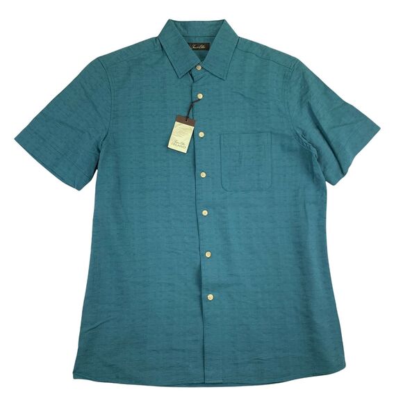 Tasso Elba Mens Textured Silk Blend Short Sleeve Button Down Shirt Turquoise S - Picture 1 of 4